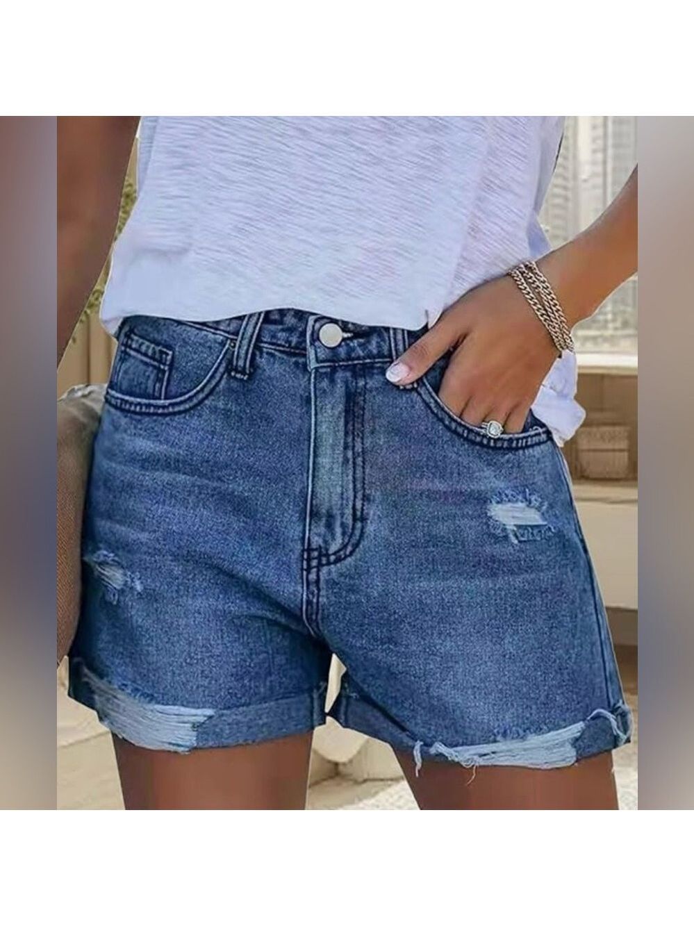 Distressed Mid-High Waist Stretchy Cotton Cuffed Hem Jean Shorts NWOT
